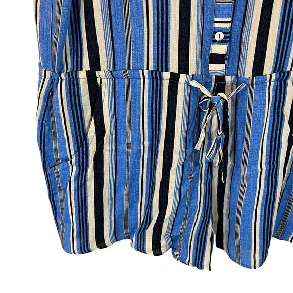Kori Striped Romper Medium Blue White Black Striped Pockets Drawstring Waist - Picture 5 of 7